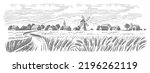 Wheat village landscape vector. Farm and fields with harvest