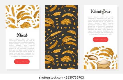 Wheat web banners set. Wheat flour, organic grain products mobile app vector illustration