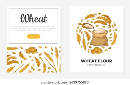 Wheat web pages set. Bakery and pastry shop, organic healthy products mobile application templates