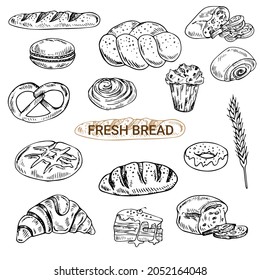 Wheat, whole-grain, rye bread, french baguette, pretzel, toasts, croissant. Loafs and slices. Set of bread in sketchy style isolated on white background. Doodle hand drawn bread. Vector illustration