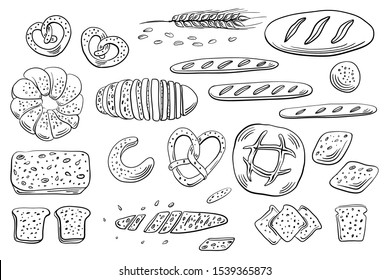 Wheat, whole-grain and rye bread, pretzel, bagel, toasts, french baguette. Loafs and slices. Set of bread in sketchy style isolated on white background. Doodle hand drawn bread. Vector illustration