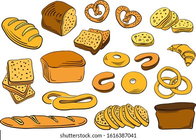 Wheat, whole-grain and rye bread, pretzel, bagel, toasts, croissant. Loafs and slices. Set of bread in sketchy style isolated on white background. Doodle hand drawn bread. Vector illustration