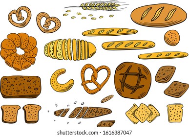 Wheat, whole-grain and rye bread, pretzel, bagel, toasts, french baguette. Loafs and slices. Set of bread in sketchy style isolated on white background. Doodle hand drawn bread. Vector illustration