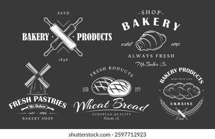 Wheat windmill logo isolated on black background. Vintage rolling pins bakery label. Bun, bread and croissant outline emblem.  Bakery hand drawn template logos set. Vector illustration