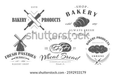 Wheat windmill logo isolated on white background. Vintage rolling pins bakery label. Bun, bread and croissant outline emblem.  Bakery hand drawn template logos set. Vector illustration