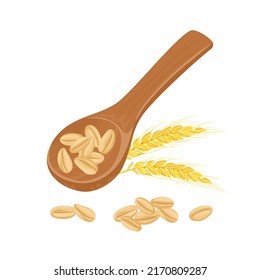  Wheat in wooden spoon, pile of grain and golden ear. Vector cartoon illustration.