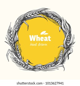 Wheat wreath detailed black and white hand drawn vector illustration