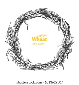 Wheat wreath detailed black and white hand drawn vector illustration