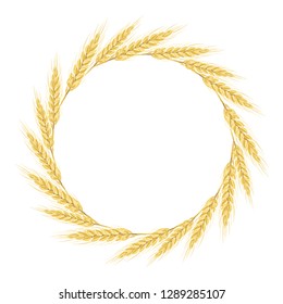 Wheat wreath isolated on white background . Round frame of wheat spikelets with space for text. Vector illustration in cartoon flat style.