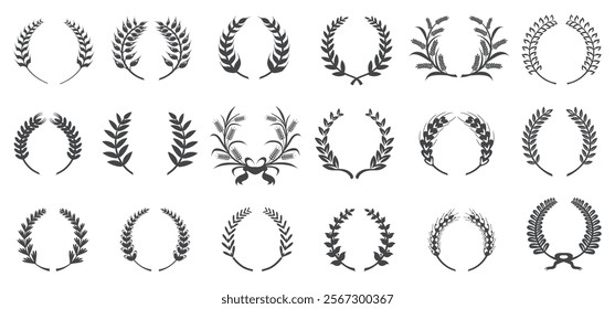 Wheat wreath silhouettes. Laurel wreaths black logo, olive leaf branches greek crest award crown symbol achievement round frame winner trophy heraldic set neat vector illustration original artwork