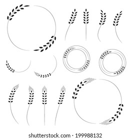 Wheat wreaths, wheat ears, set of black silhouette, isolated on white background, vector illustration.