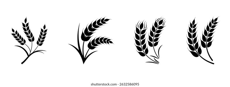 Wheat wreaths and grain spikes icon set. Farm wheat ears icon set. Vector illustration on white background. EPS 10