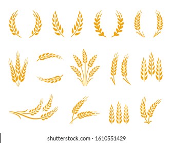 Wheat wreaths and grain spikes set icons