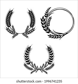Wheat wreaths and grain spikes set icons. Vector illustration isolated on white