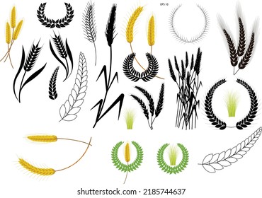 Wheat wreaths and grain spikes set icons