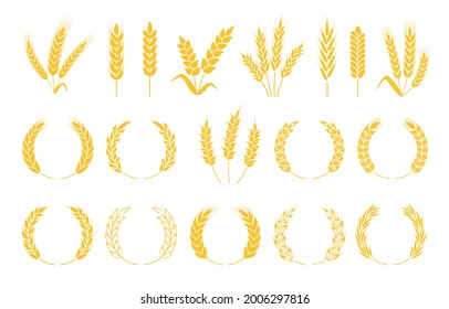 Wheat wreaths. Rice or wheat ears, barley spikes, rye grains and crops. Organic cereal plants ear silhouette, wreath element vector set. Yellow spikelets symbols for labels isolated on white