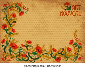 Wheaten poppies banner in art nouveau style, vector illustration