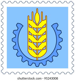 Wheaten spikelet surrounded by pinion on postage stamp