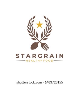 wheat/grain with spoon fork and star logo vector for healthy food,restaurant and farm business. flat style. modern agriculture design template