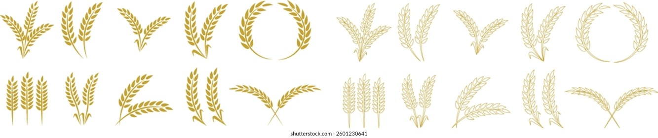 Wheats ears icon set and wheat design elements flat line vector collection isolated on transparent background. Harvest wheat grain, growth rice stalk and whole bread grains or field cereal nutritious.