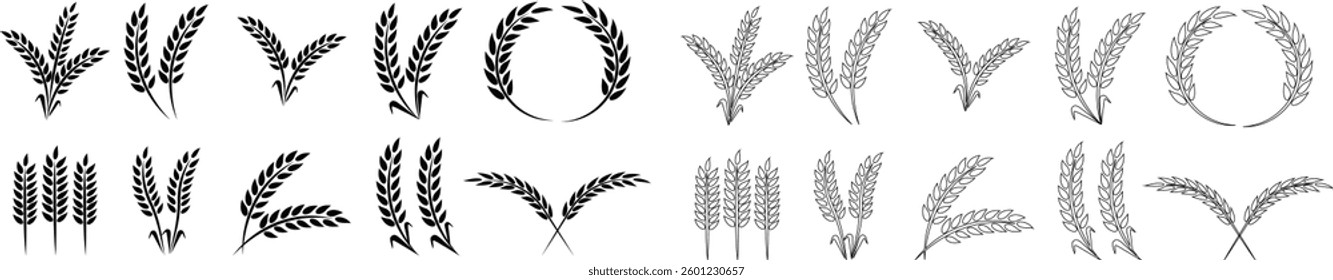 Wheats ears icon set and wheat design elements flat line vector collection isolated on transparent background. Harvest wheat grain, growth rice stalk and whole bread grains or field cereal nutritious.