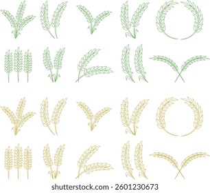 Wheats ears icon set and wheat design elements flat line vector collection isolated on transparent background. Harvest wheat grain, growth rice stalk and whole bread grains or field cereal nutritious.