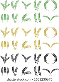 Wheats ears icon set and wheat design elements flat line vector collection isolated on transparent background. Harvest wheat grain, growth rice stalk and whole bread grains or field cereal nutritious.