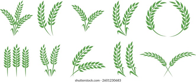 Wheats ears icon set and wheat design elements flat line vector collection isolated on transparent background. Harvest wheat grain, growth rice stalk and whole bread grains or field cereal nutritious.