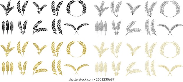 Wheats ears icon set and wheat design elements flat line vector collection isolated on transparent background. Harvest wheat grain, growth rice stalk and whole bread grains or field cereal nutritious.