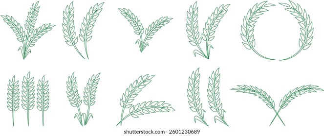 Wheats ears icon set and wheat design elements flat line vector collection isolated on transparent background. Harvest wheat grain, growth rice stalk and whole bread grains or field cereal nutritious.