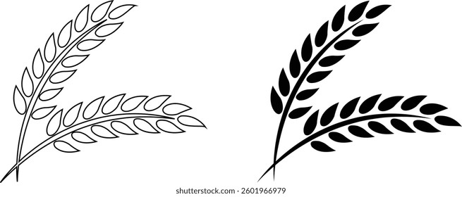 Wheats ears icon set and wheat design elements flat line vector collection isolated on transparent background. Harvest wheat grain, growth rice stalk and whole bread grains or field cereal nutritious.