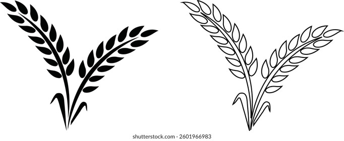 Wheats ears icon set and wheat design elements flat line vector collection isolated on transparent background. Harvest wheat grain, growth rice stalk and whole bread grains or field cereal nutritious.