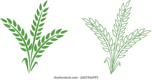 Wheats ears icon set and wheat design elements flat line vector collection isolated on transparent background. Harvest wheat grain, growth rice stalk and whole bread grains or field cereal nutritious.