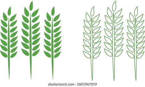 Wheats ears icon set and wheat design elements flat line vector collection isolated on transparent background. Harvest wheat grain, growth rice stalk and whole bread grains or field cereal nutritious.