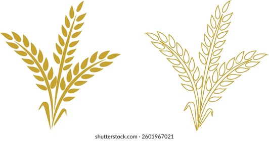 Wheats ears icon set and wheat design elements flat line vector collection isolated on transparent background. Harvest wheat grain, growth rice stalk and whole bread grains or field cereal nutritious.