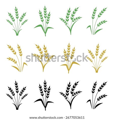 Wheats ears icon set and wheat design elements flat line vector collection. Harvest wheat grain, growth rice stalk and whole bread grains or field cereal nutritious. Wheat grains wreath. eps 10