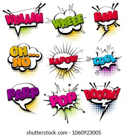 whee cool kapow pop set hand drawn pictures effects template comics speech bubble halftone dot background pop art style. Comic dialog cloud, text pop-art. Idea conversation sketch explosion.