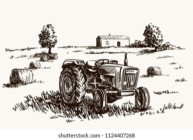 Wheel agricultural tractor. vector sketch on the background of farmland