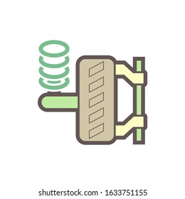 Wheel alignment check vector icon consist of auto car suspension, tyre, machine equipment tool. To adjustment camber, caster and toe by laser, gauge, mechanics. Vehicle service, repair, maintenance.
