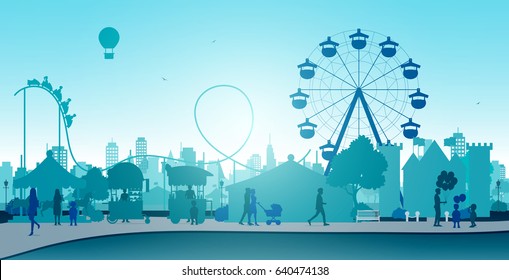 Wheel amusement parks with backdrop buildings