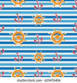Wheel and anchor of the ship. Striped background. Seamless pattern. Design for textiles, tapestries, paper packaging, goods for children.