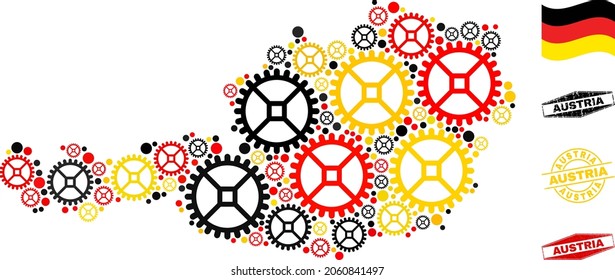 Wheel Austria map collage and stamps. Vector collage designed with clock gear items in different sizes, and Germany flag official colors - red, yellow, black.