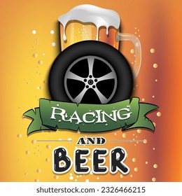 Wheel auto with mug of beer. Pattern for banner, poster, greeting card, party invitation, signboard, menu pub. Vector illustration