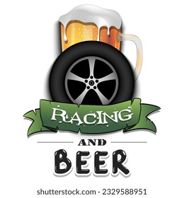 Wheel auto with mug of beer. Pattern for banner, poster, greeting card, party invitation, signboard, menu pub. Vector illustration