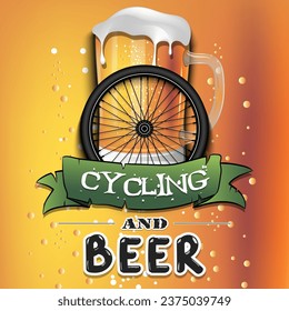 Wheel auto with mug of beer. Pattern for banner, poster, greeting card, party invitation, signboard, menu pub. Vector illustration
