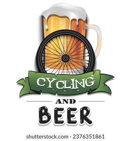 Wheel auto with mug of beer. Pattern for banner, poster, greeting card, party invitation, signboard, menu pub. Vector illustration