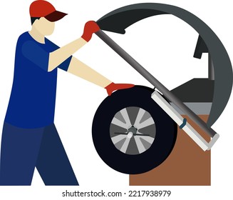 wheel balancing machine vector illustration, tire worker with wheels balancer in car factory vector illustration, manufacture, automotive industry