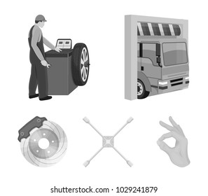 Wheel balancing, spanner and brake disc monochrome icons in set collection for design.Car maintenance station vector symbol stock illustration web.