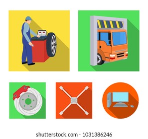 Wheel balancing, spanner and brake disc flat icons in set collection for design.Car maintenance station vector symbol stock illustration web.