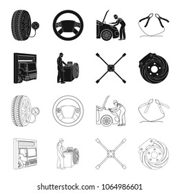 Wheel balancing, spanner and brake disc black,outline icons in set collection for design.Car maintenance station vector symbol stock illustration web.